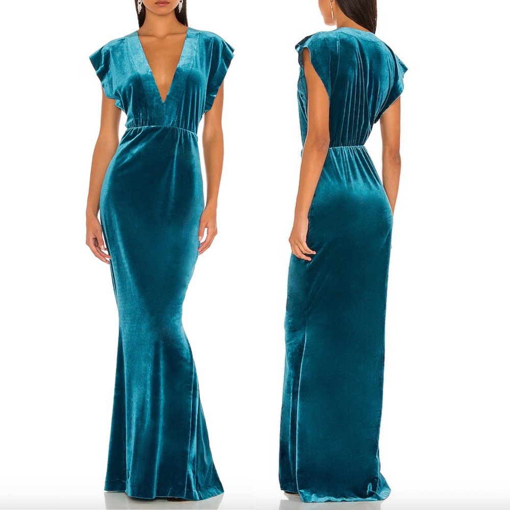 NORMA KAMALI Teal Velvet V‎ Neck Rectangle Gown Maxi Dress